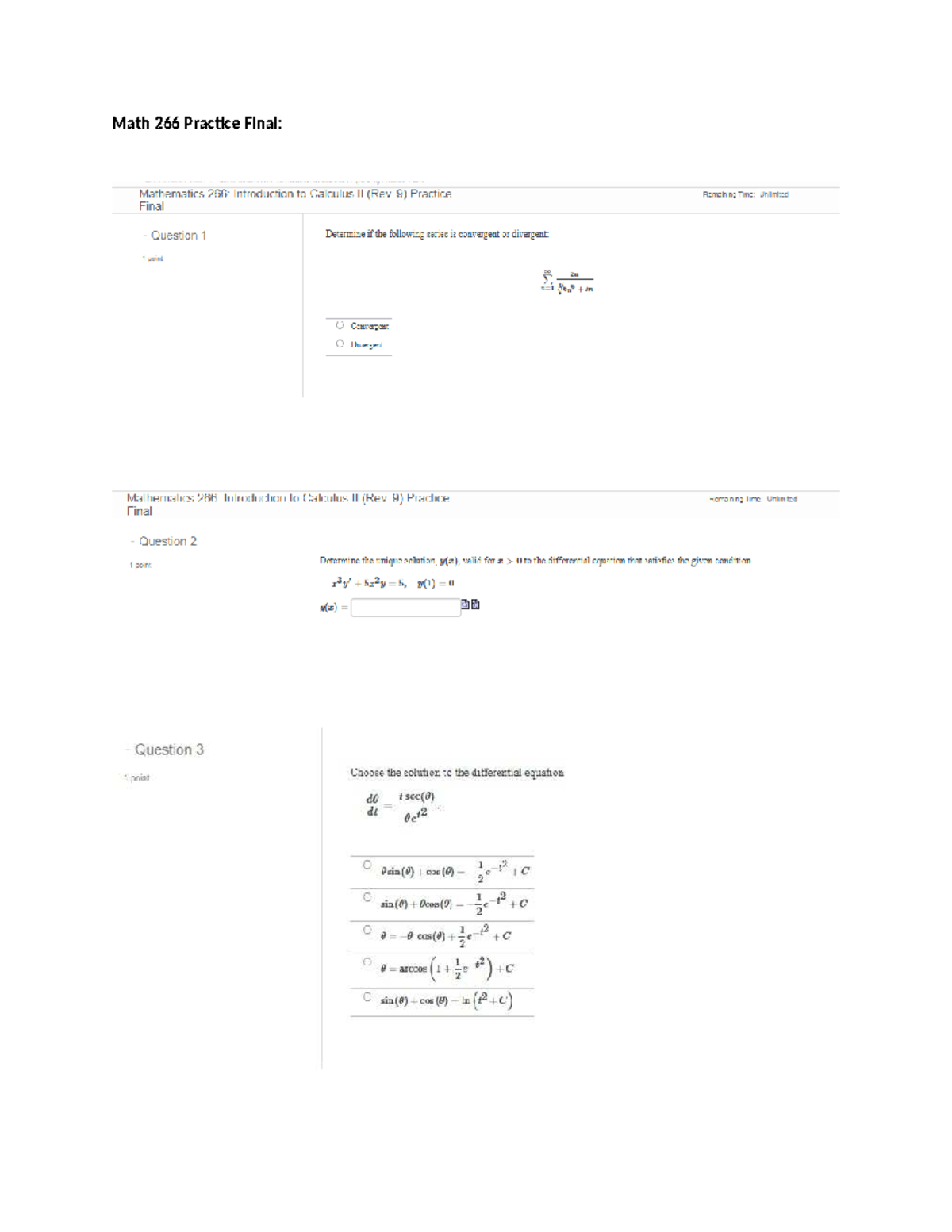 Math 266 Final Exam Practice: Introduction to Calculus II (Rev. 9 ...
