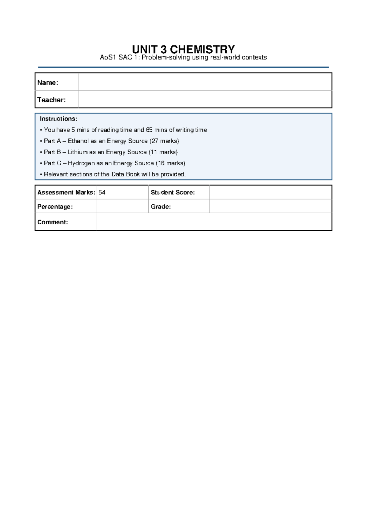 Unit 3 Chemistry AoS1 Practice SAC 1: Energy Sources Exam Prep - Studocu