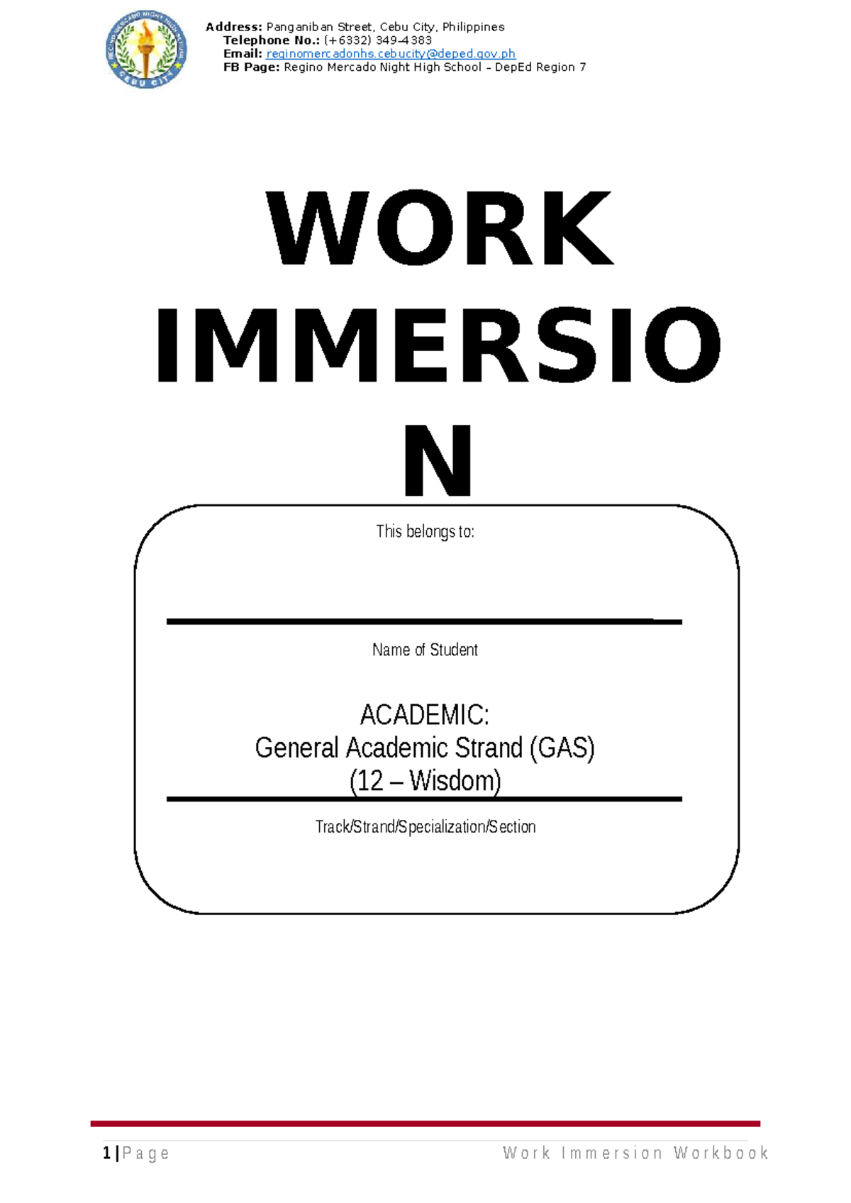 GAS 12 Work Immersion Workbook: Learning Journal & Guidelines - Studocu