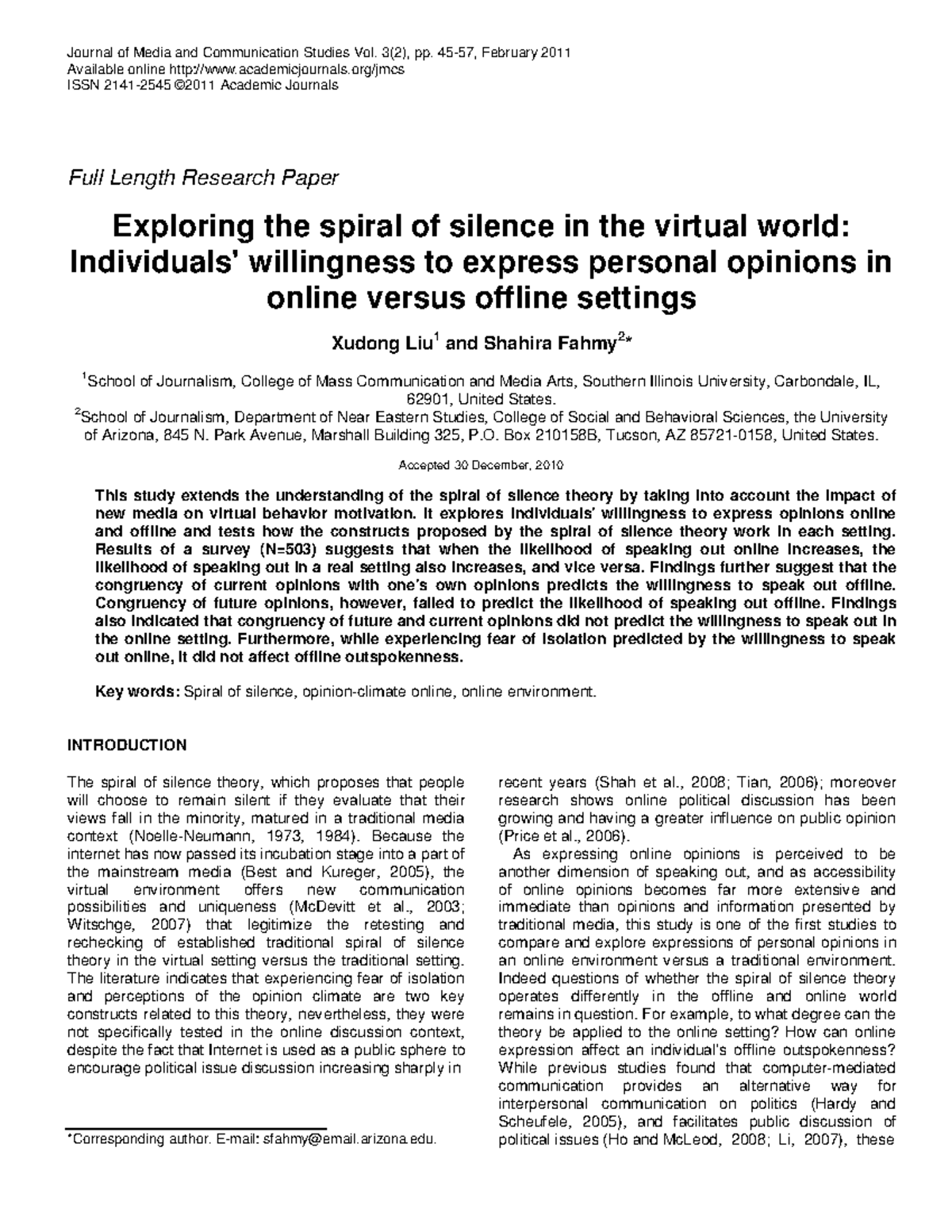 Exploring the Spiral of Silence in Online vs. Offline Settings: A Study ...