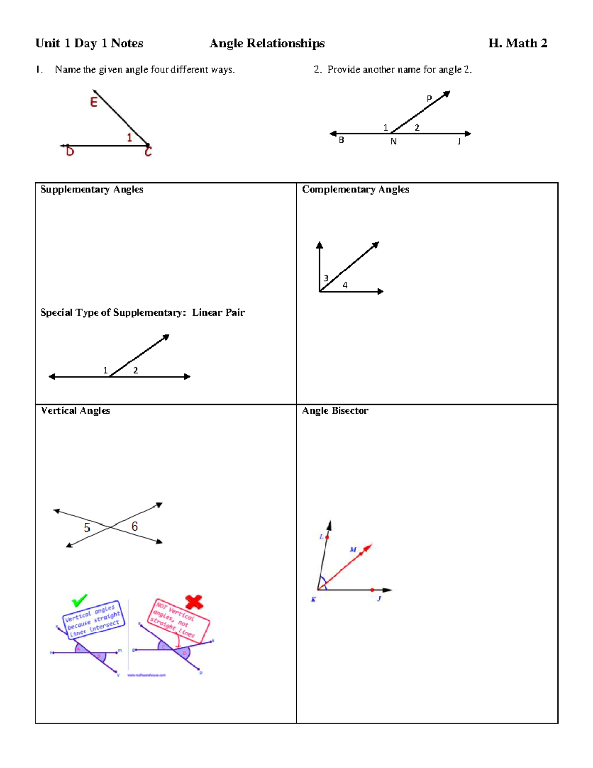 Unit 1 Day 1 - Supplementary, Complementary, Vertical, Angle Bisector ...