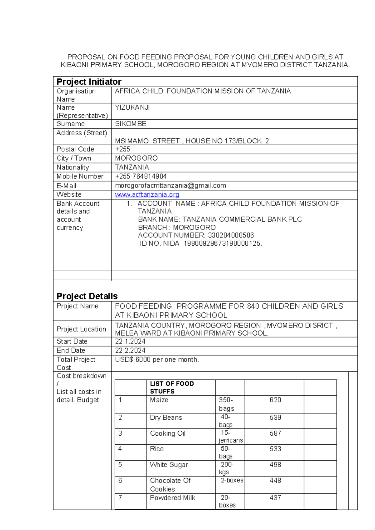 Full Proposal for Food Feeding Program at Kibaoni Primary School - Studocu