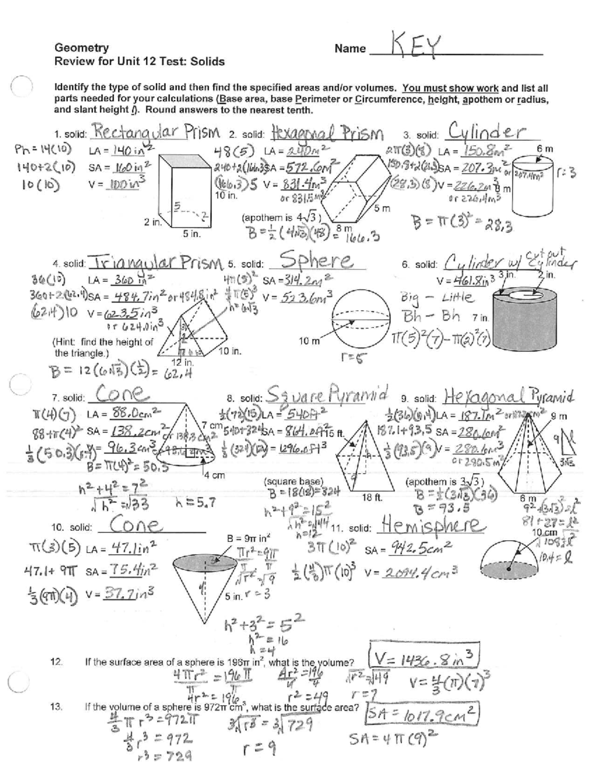 Unit 12 Review KEY: Solids Area & Volume Calculations - Studocu
