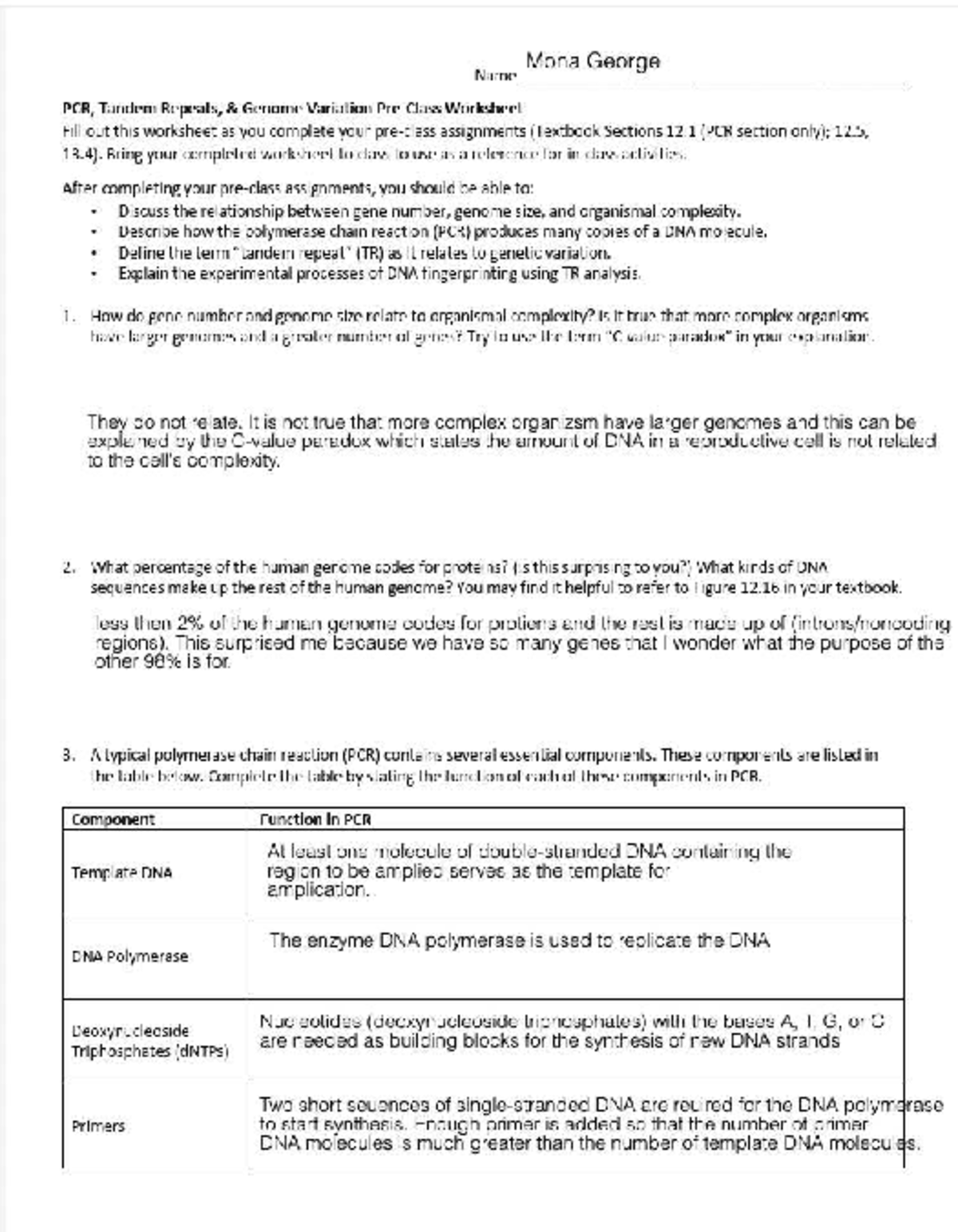 PCR and TR Analysis Worksheet for Genome Variation (Bio 101) - Studocu