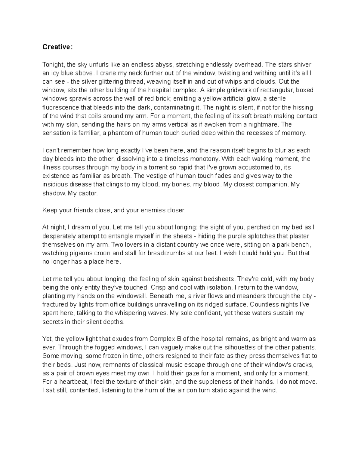 Creative Writing: Reflections from a Hospital Window - Studocu