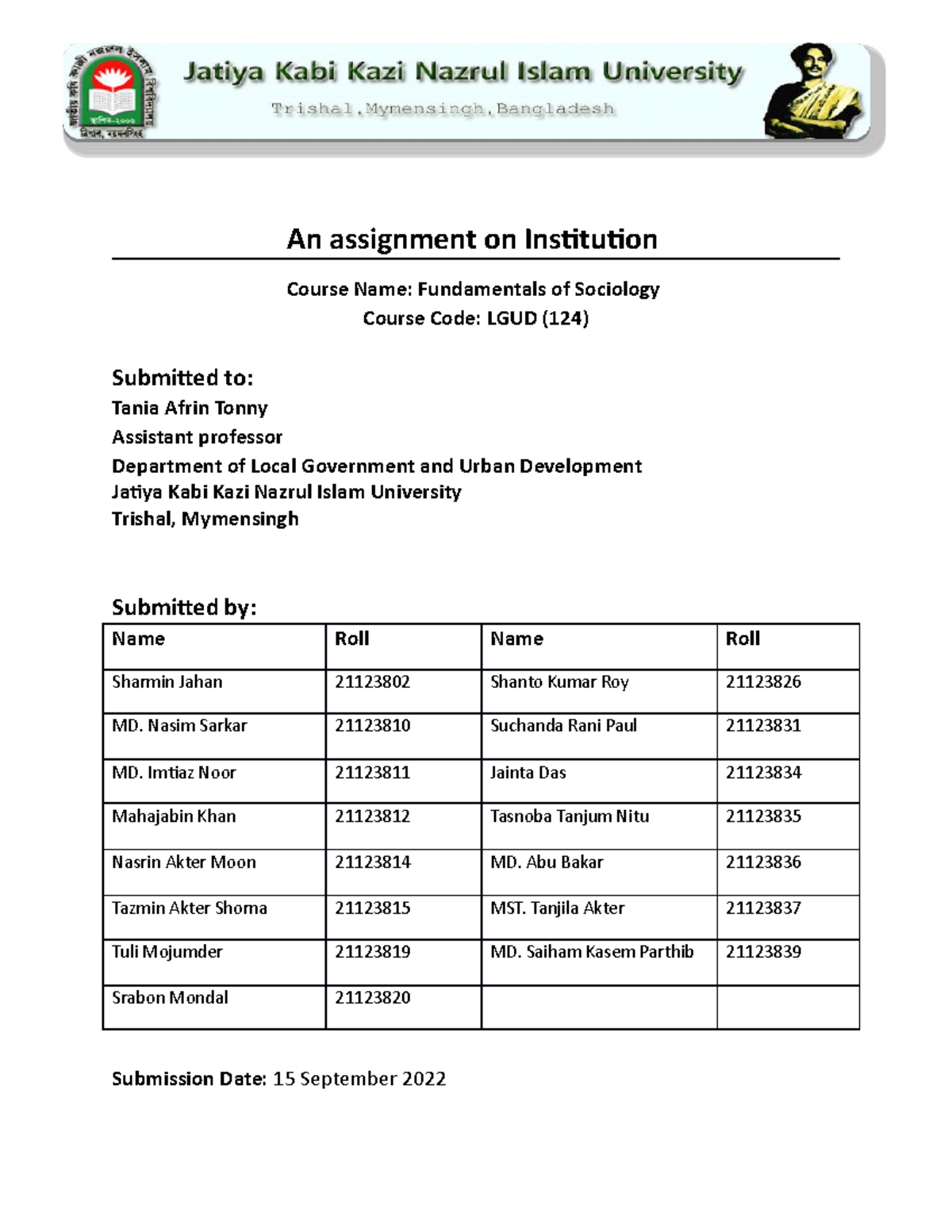 Assignment-on-institution - An assignment on Institution Course Name ...
