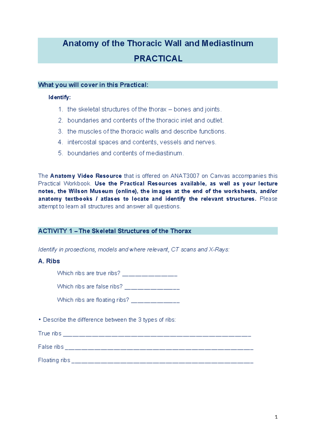 W1 ANAT3007 Thorax & Mediastinum Practical Notes 2026 - Studocu