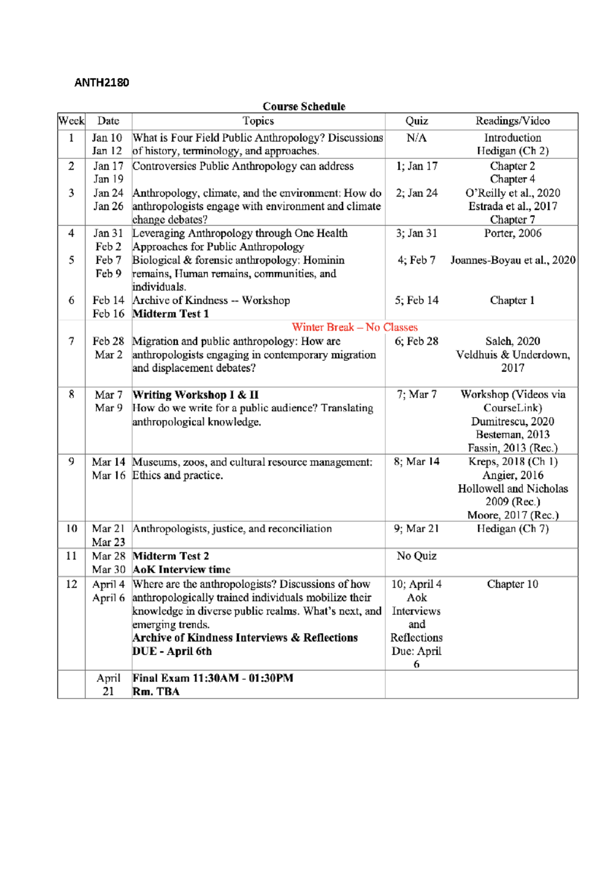 ANTH2180 Course Schedule Overview and Important Dates - Studocu