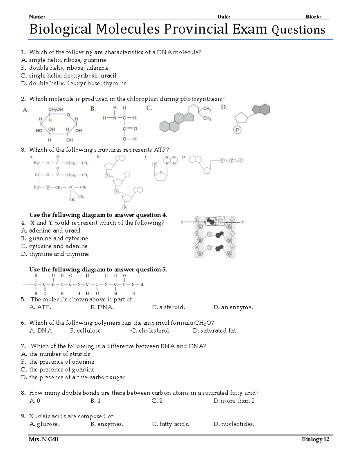 Biomol Review: Provincial Exam Questions for Biology 12 - Studocu