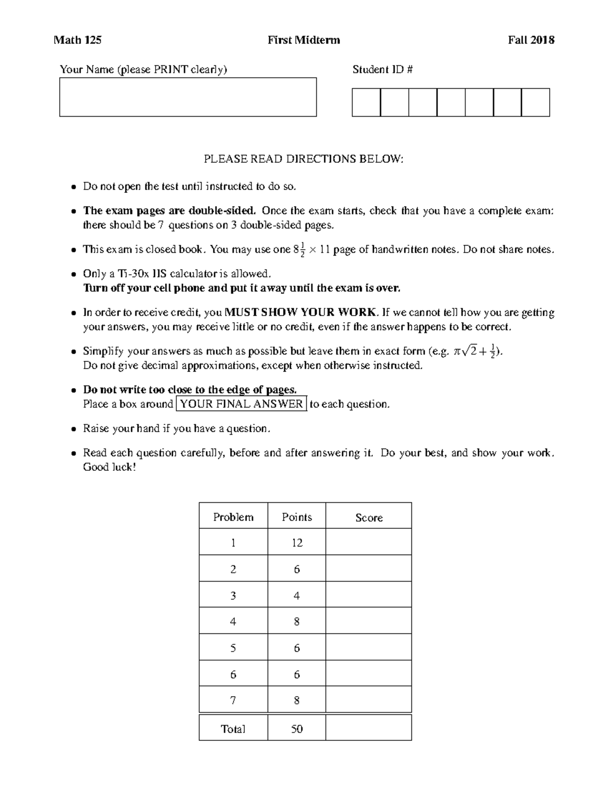 Midtermpractice 3125 - midterm 1 - Math 125 First Midterm Fall 2018 ...