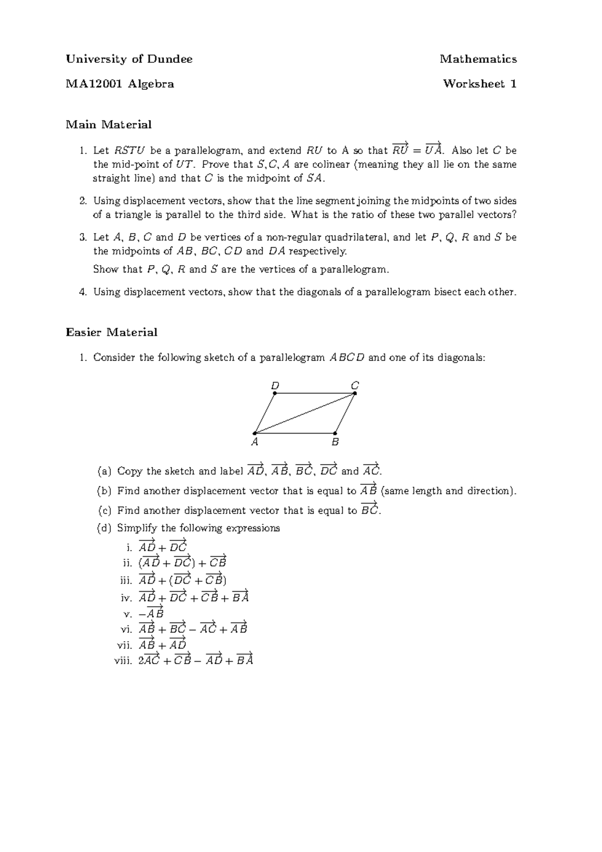 Maths 1B Algebra Worksheet 1 - University of Dundee Mathematics MA12001 ...