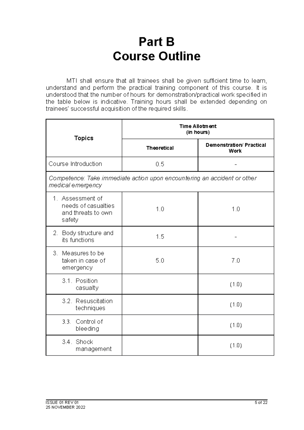 Elementary First Aid Part B Course Outline and Training Hours - Studocu