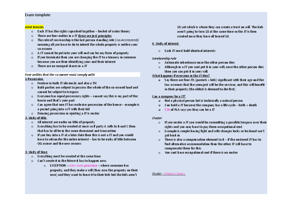 Joint Tenancy & Tenancy in Common: Exam Template for Property Law - Studocu
