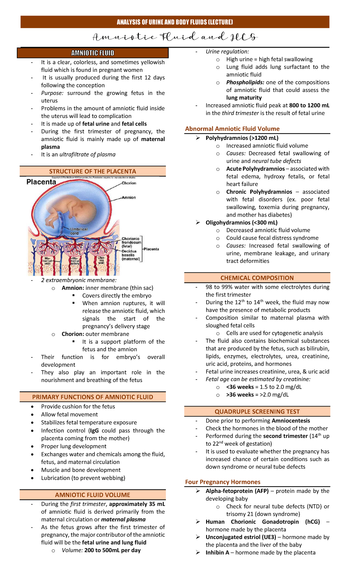 ANALYSIS OF URINE AND BODY FLUIDS (LECTURE) - AMNIOTIC FLUID & HCG ...