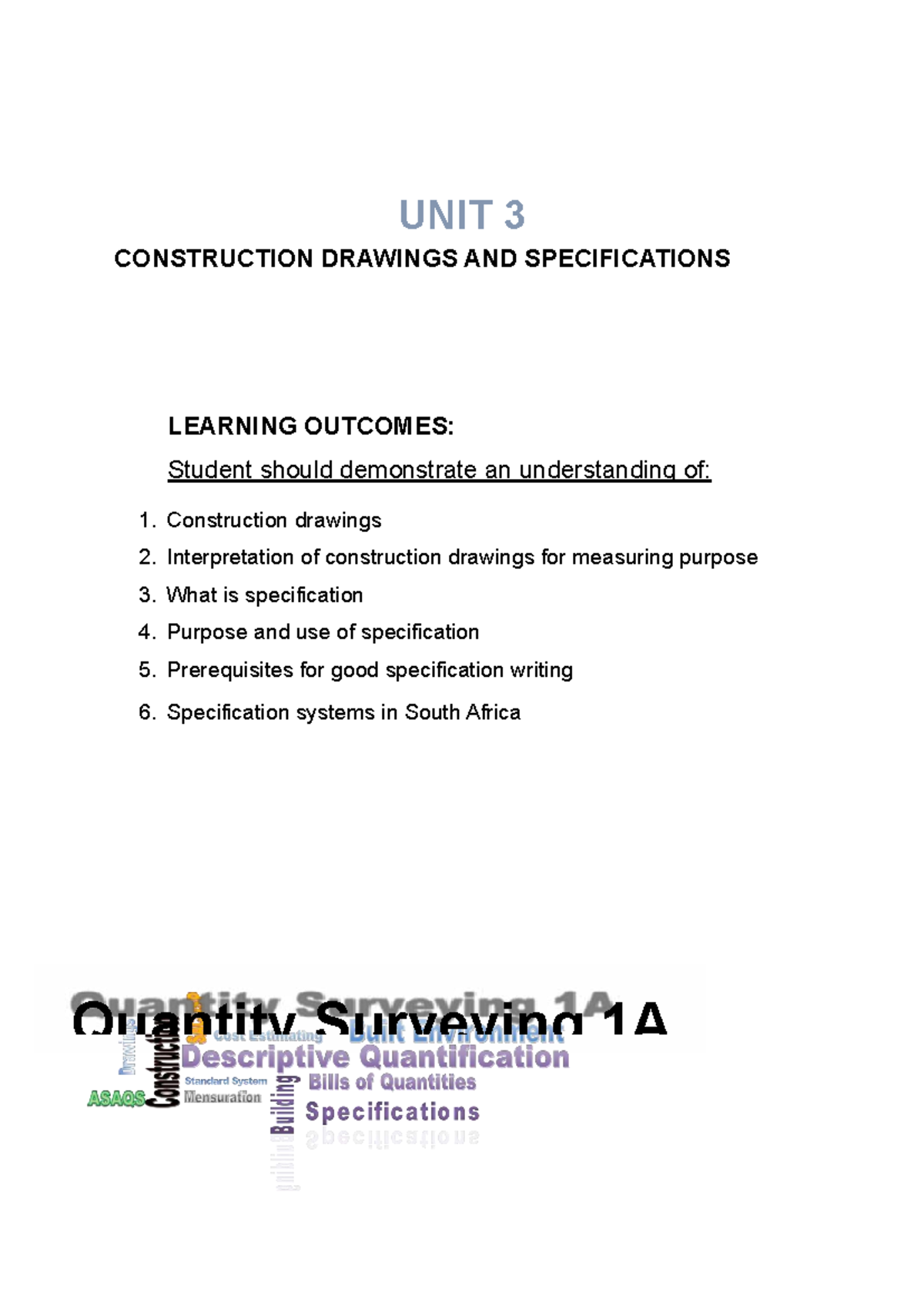Construction Drawings & Specifications - QS 1A Unit 3 Study Notes - Studocu