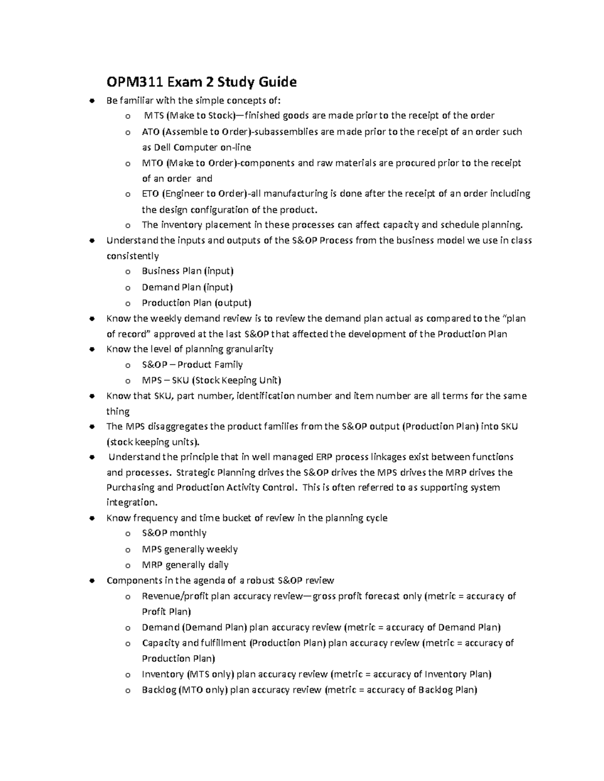 OPM311 Exam 2 Study Guide: Key Concepts and Planning Strategies - Studocu