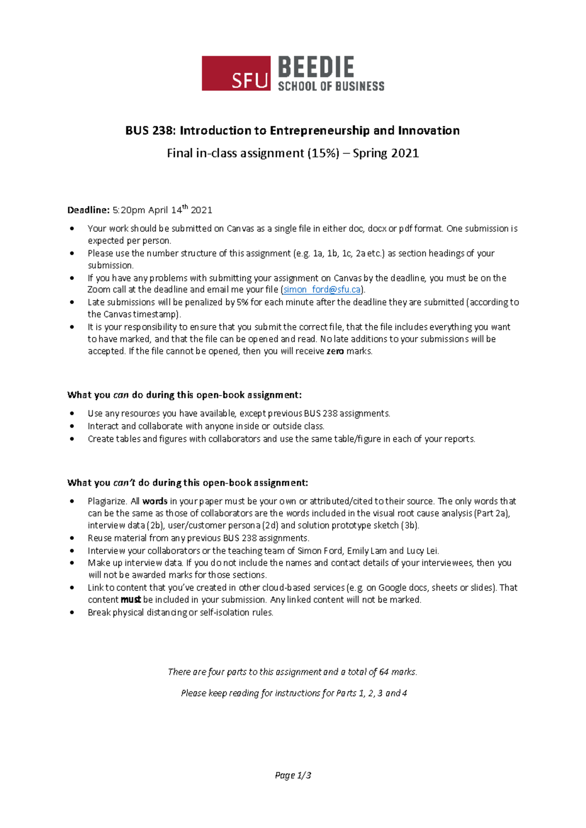 BUS 238 D100 - Spring 2021 Final In-Class Assignment Instructions - Studocu
