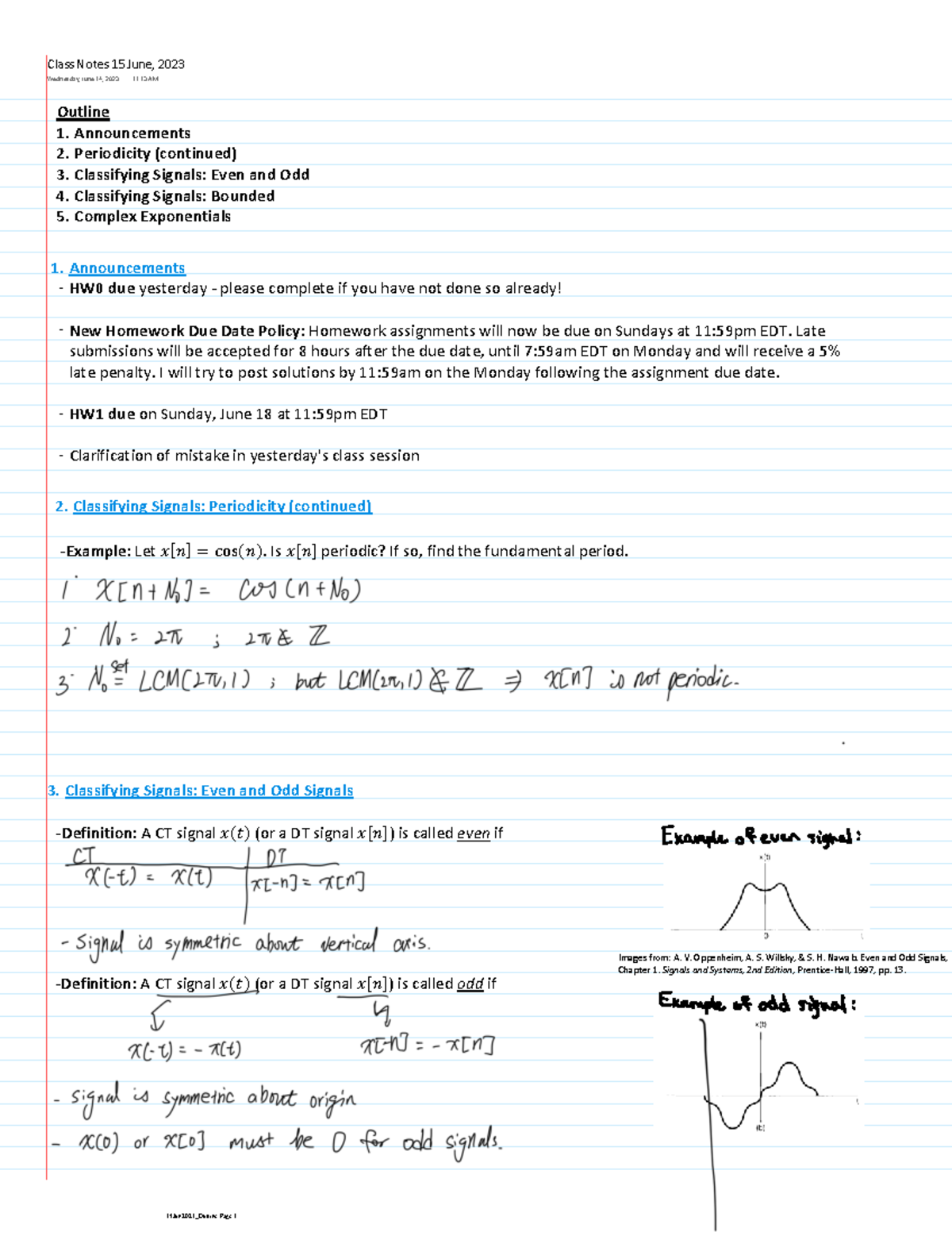 Signals and Systems Lecture Notes: Even and Odd Signals (15Jun2023 ...