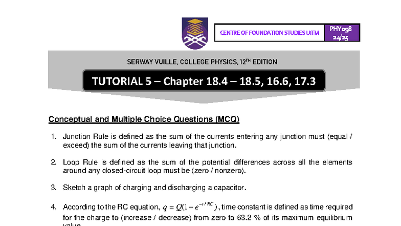 PHY098 UiTM Tutorial 5: Conceptual & MCQ on Capacitors & Circuits - Studocu