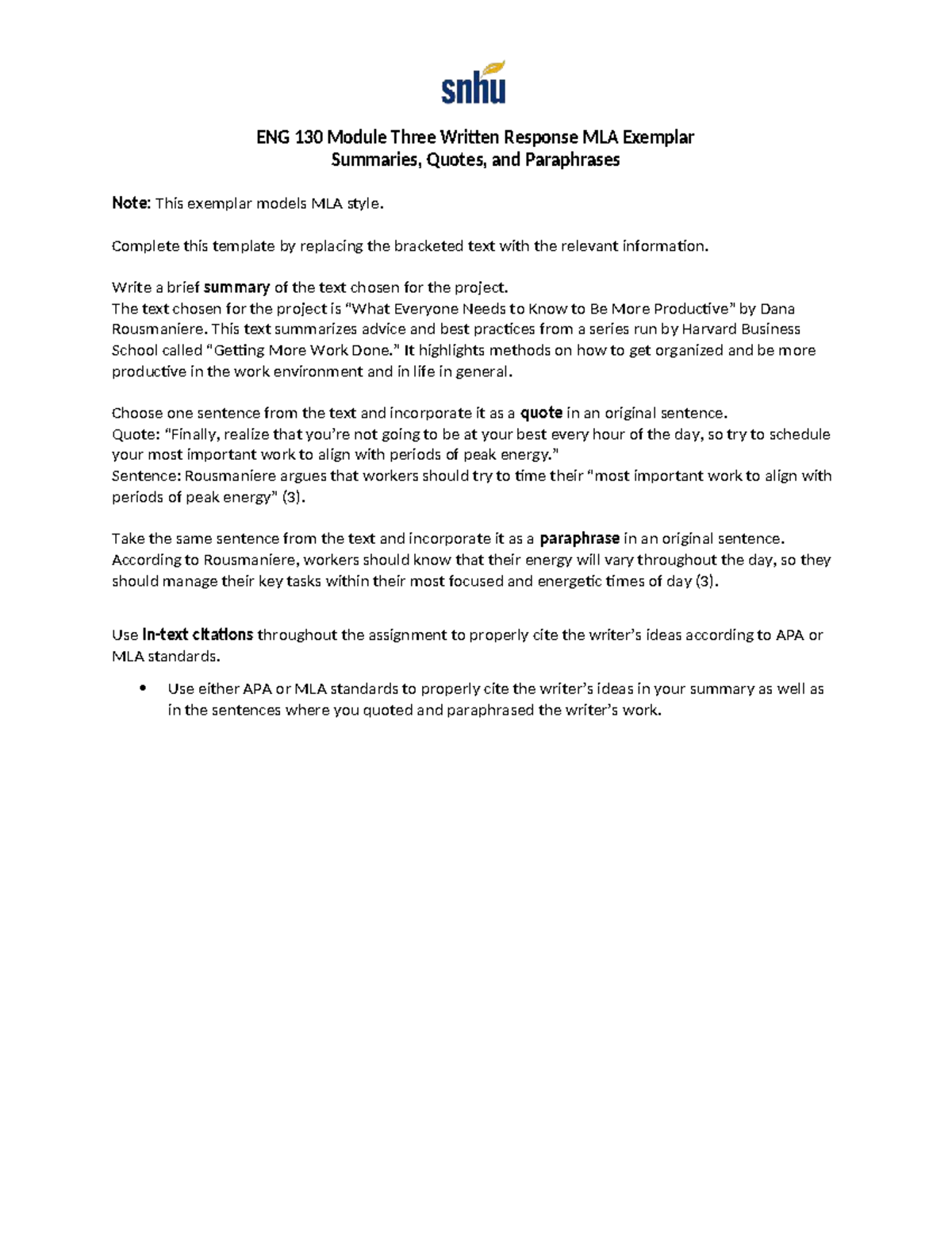 ENG 130 Module 3 Written Response: MLA Exemplar on Rousmaniere's Advice ...