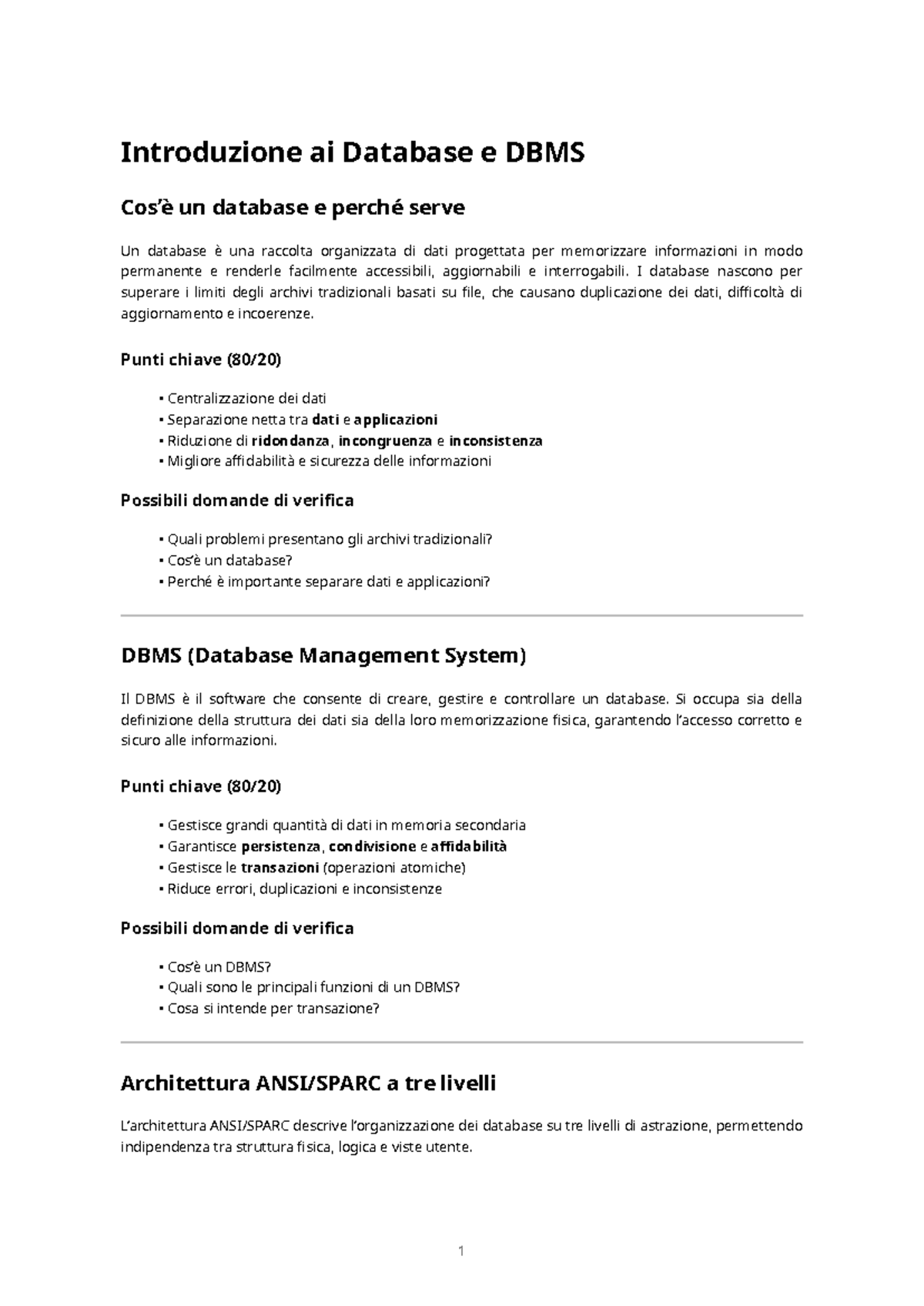 Riassunti di Database e DBMS - Metodo 80/20 (Corso 1) - Studocu