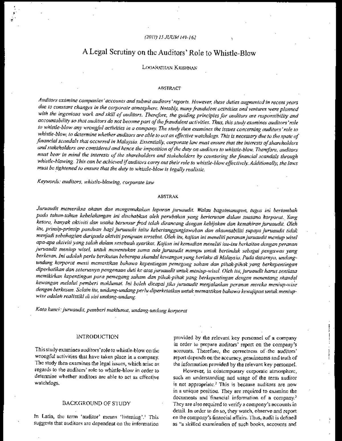 (2011) 15 JUUM A Legal Scrutiny on the Auditors' Role in Whistle ...