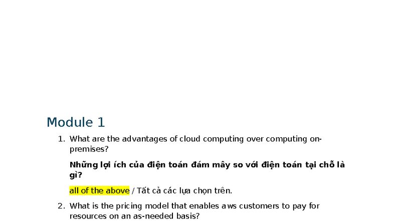 AWS Cloud Computing Quiz: Module 1 & 3 Overview - Studocu
