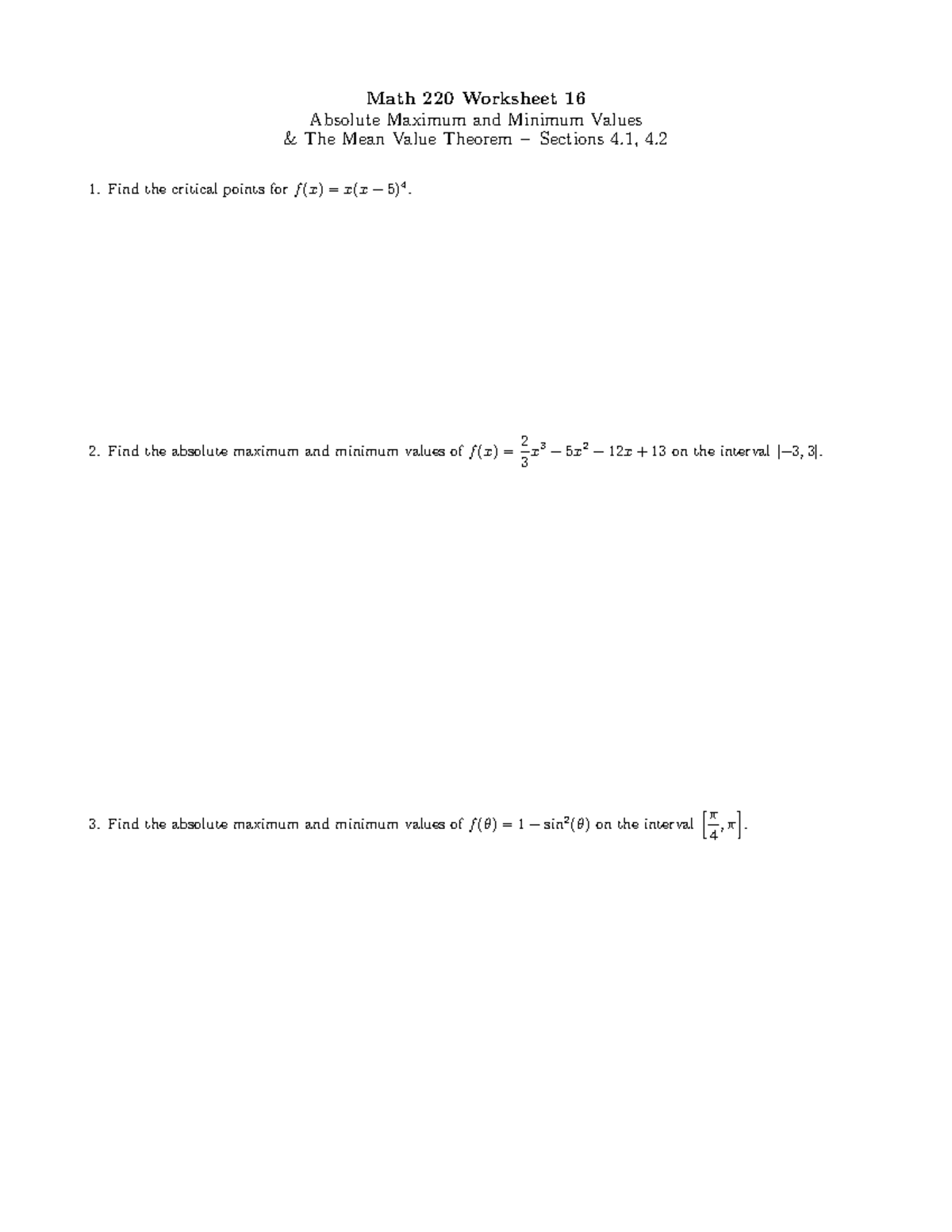 Math 220 Worksheet 16: Absolute Extrema & Mean Value Theorem - Studocu