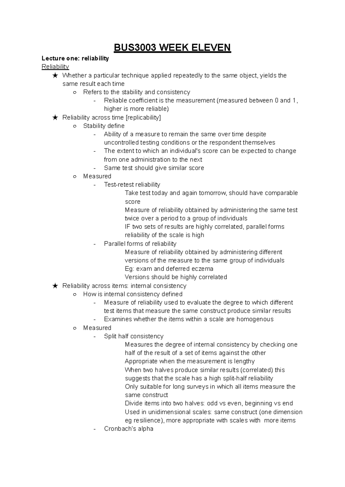 BUS3003 WEEK 11 - Lecture Notes on Reliability and Validity in Research ...