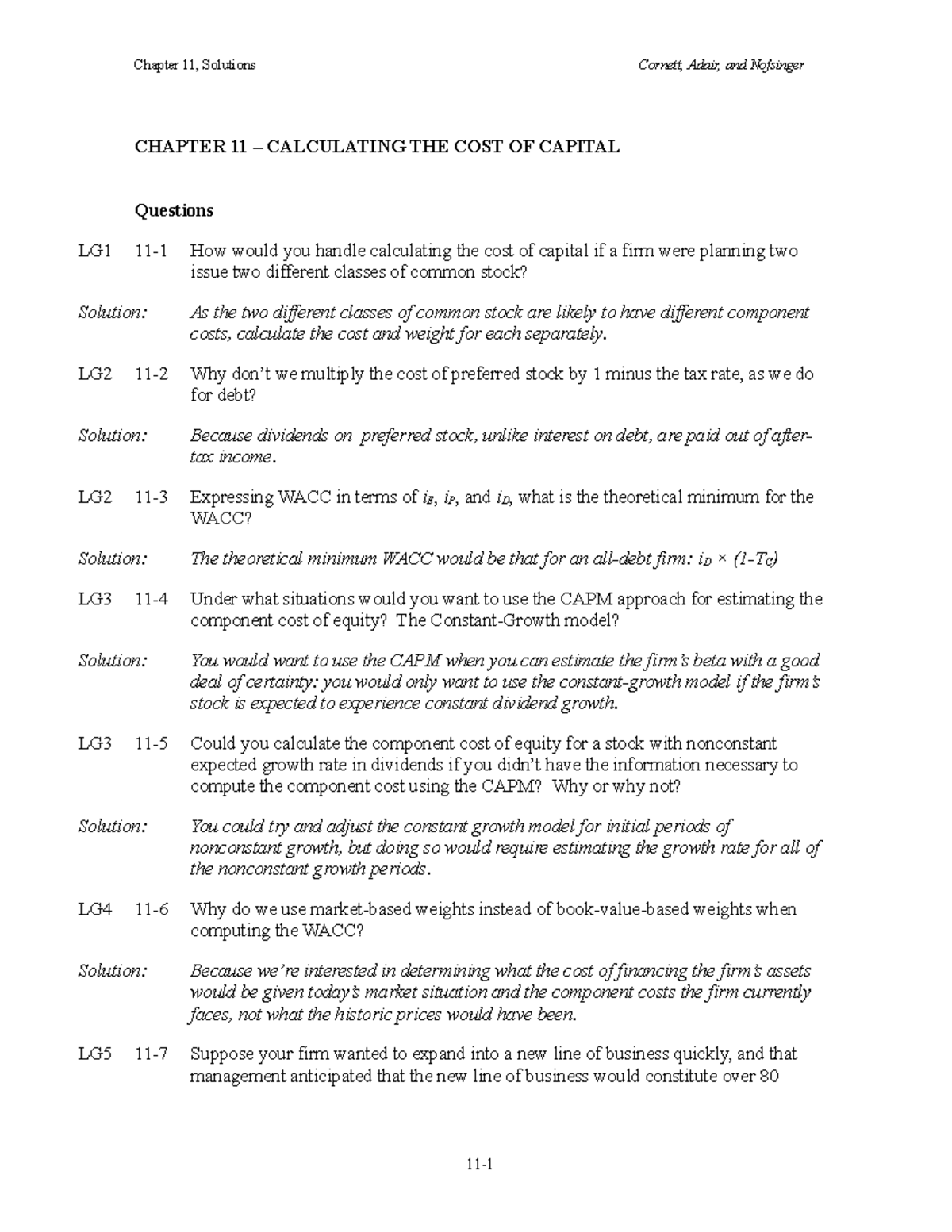 Chapter 11 - Calculating the Cost of Capital: Exercises & Solutions ...