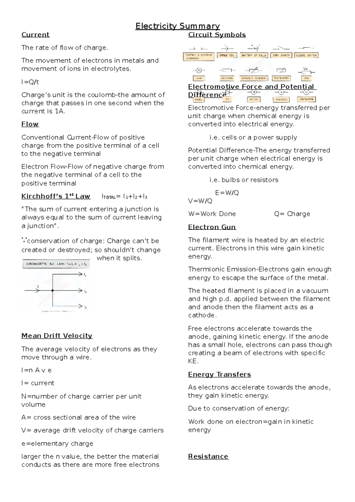 Electricity - Elec - Electricity Summary Current The rate of flow of ...