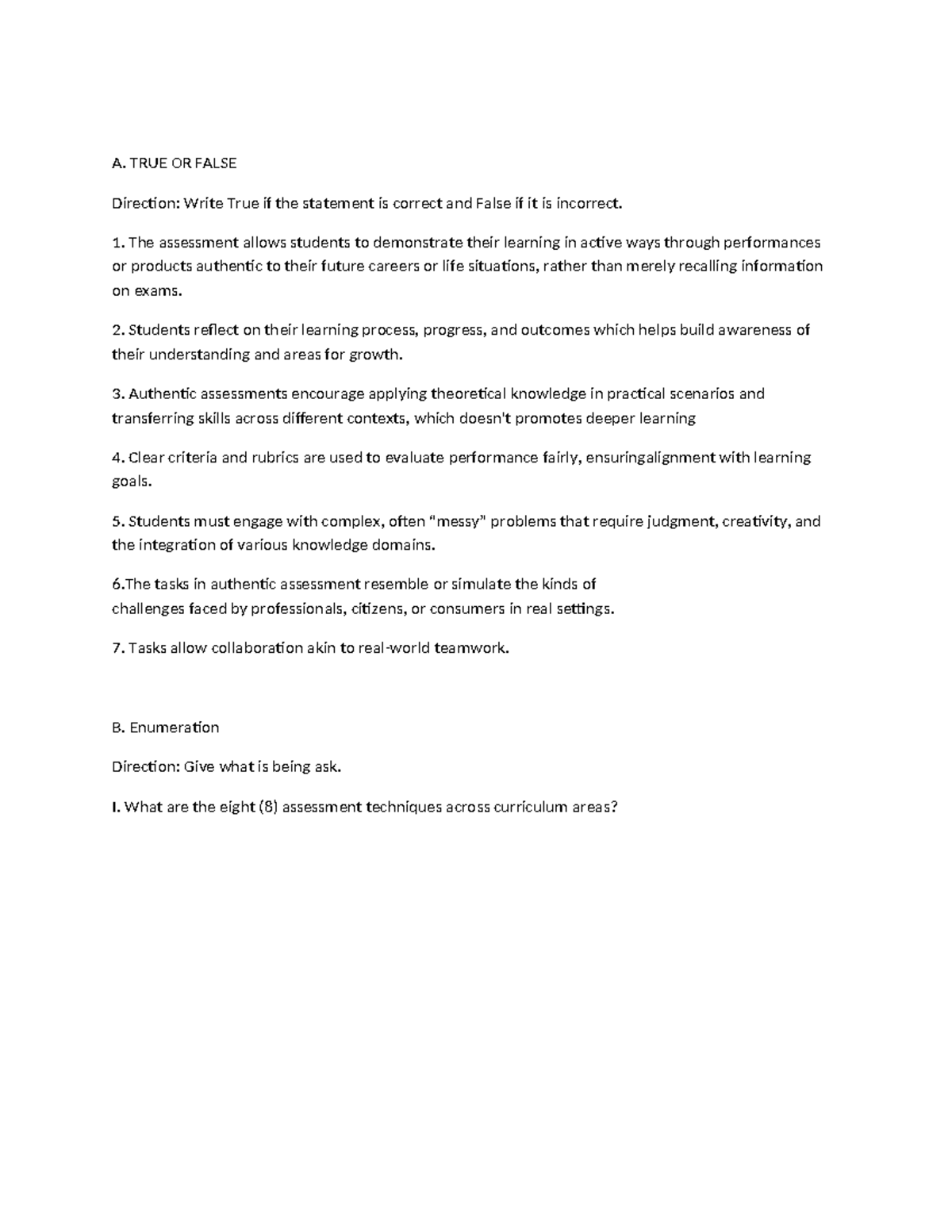 Quiz for Assessment Techniques - A. TRUE OR FALSE & B. ENUMERATION ...