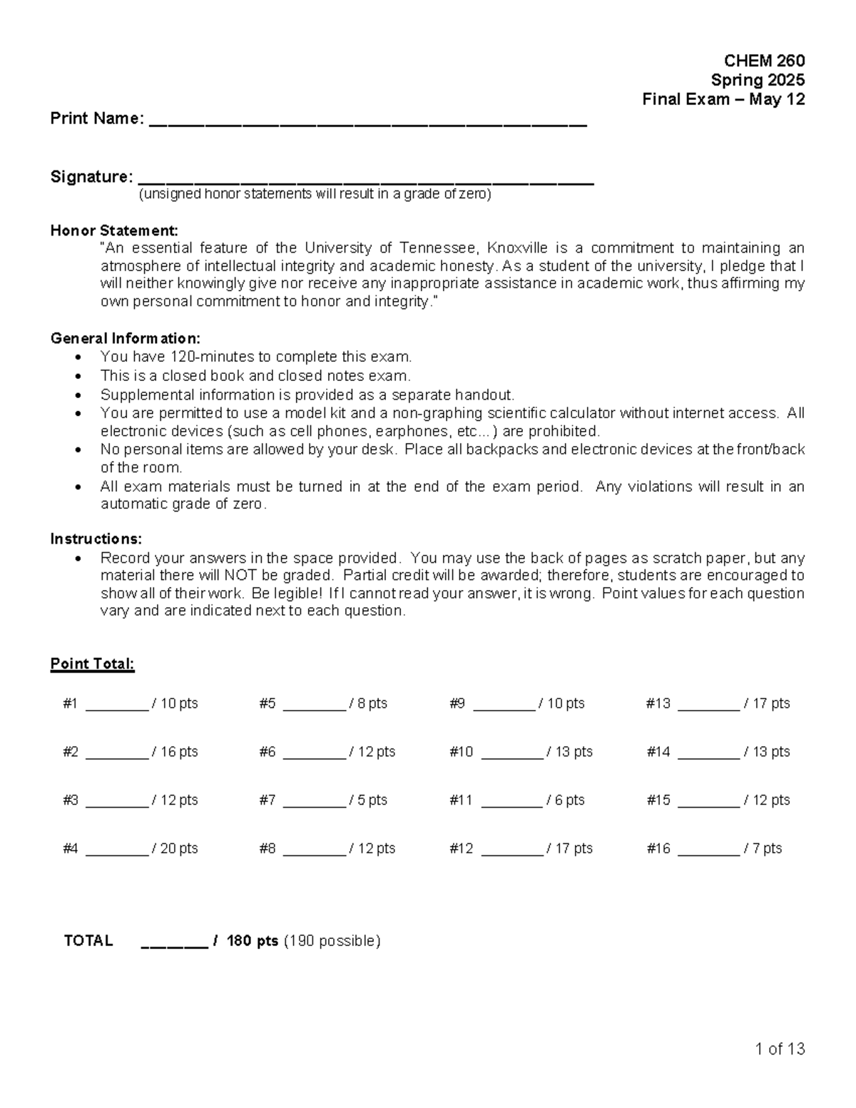 CHEM 260 Spring 2025 Final Exam Guidelines and Instructions - Studocu