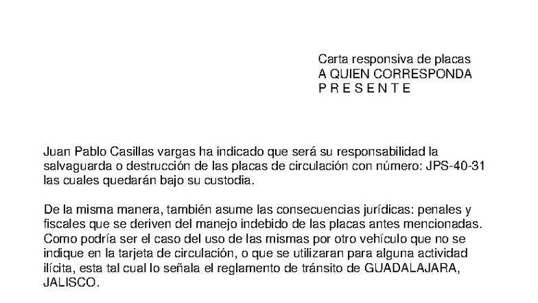 Carta Responsiva de Placas - Juan Pablo Casillas Vargas - Studocu
