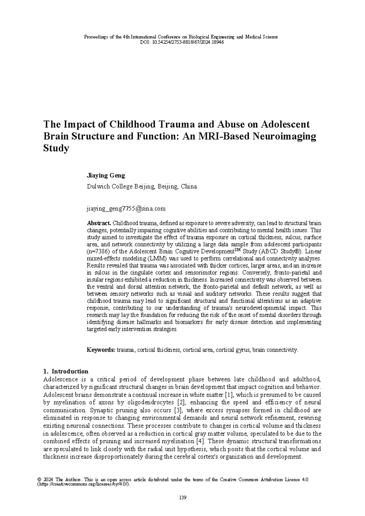 The Impact of Childhood Trauma on Adolescent Brain Structure: An ABCD ...