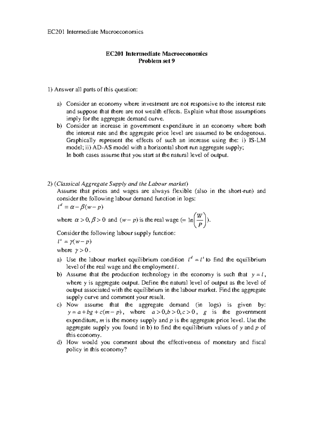 EC201 lecture notes Class 9 - EC201 Intermediate Macroeconomics EC201 ...