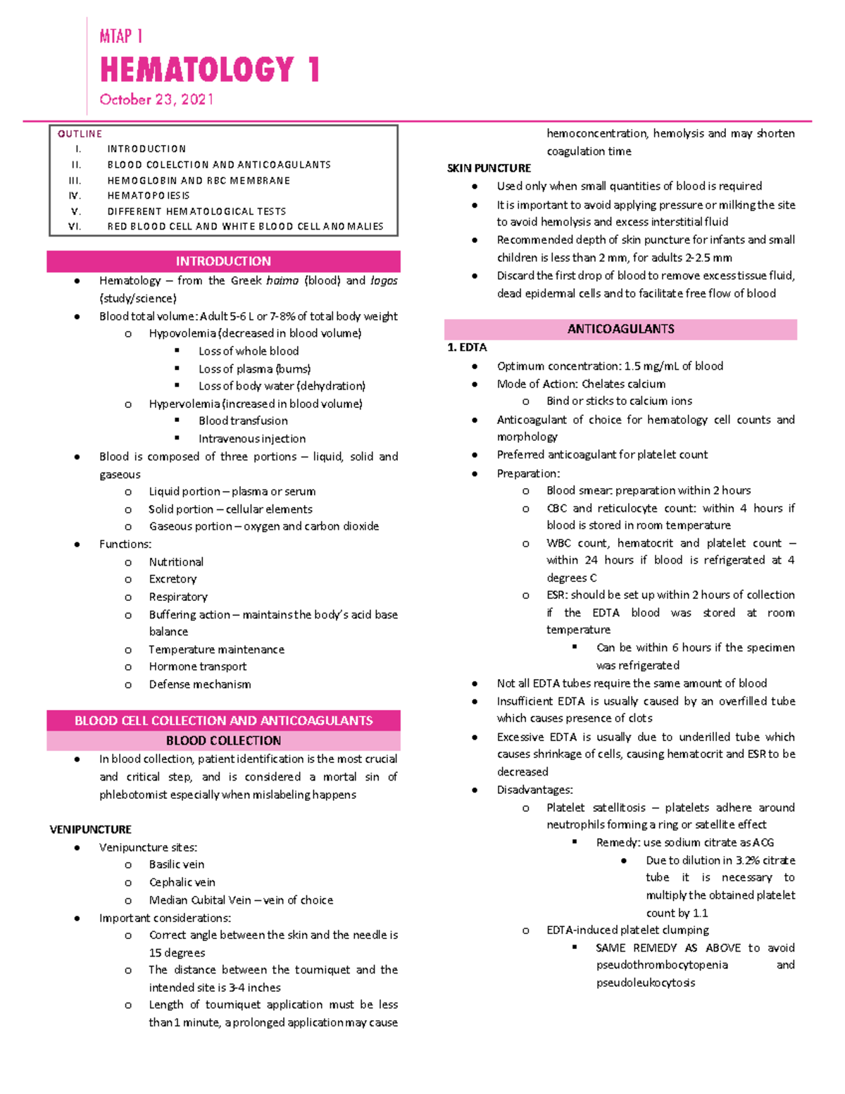 MTAP 1 Hematology 1 Lecture Notes - Blood Collection & Tests - Studocu