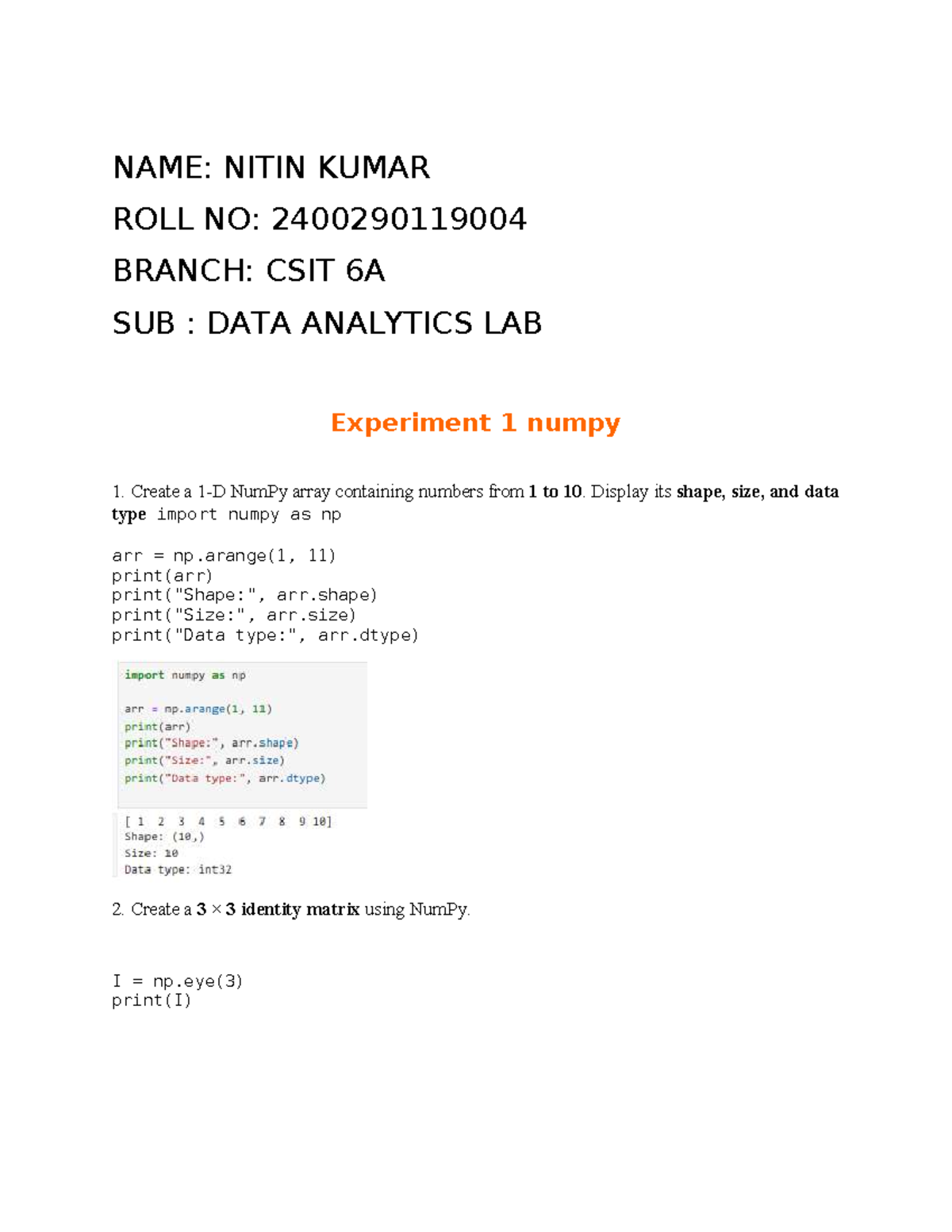 DATA ANALYTICS LAB (CSIT 6A): NumPy Experiment 1 Notes - Studocu