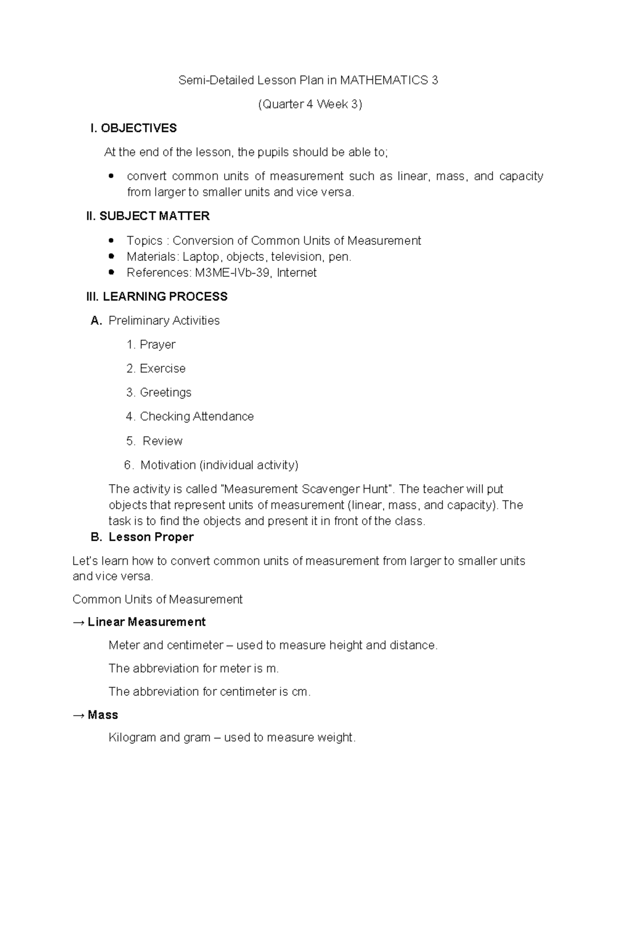MATHEMATICS 3: Semi-Detailed Lesson Plan on Unit Conversion - Studocu