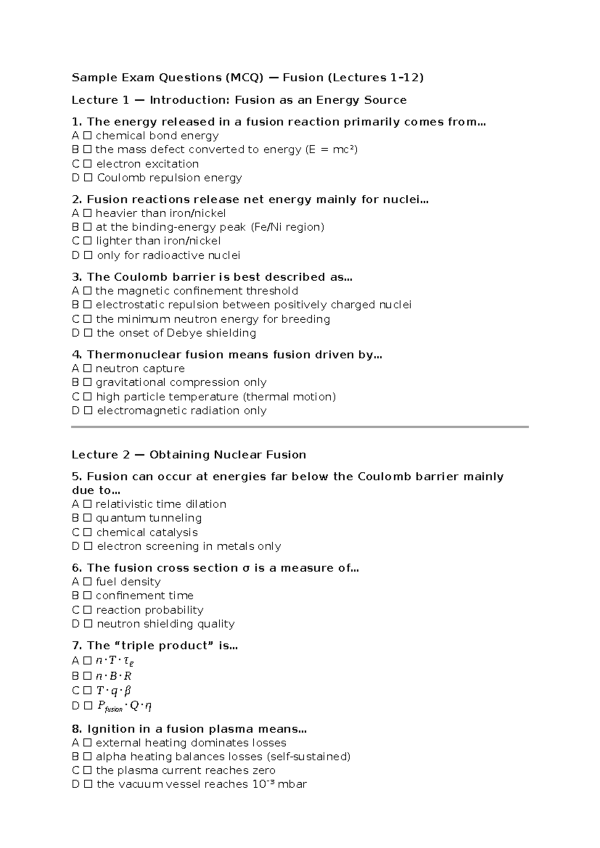 Sample Exam Questions (MCQ) for Fusion (Course Code: FUS101) - Studocu