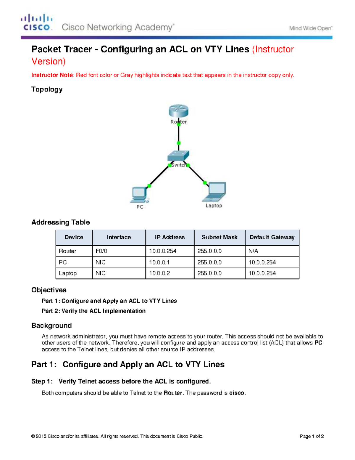 9.2.3.3 Packet Tracer - Configuring an ACL on VTY Lines Instructions IG ...