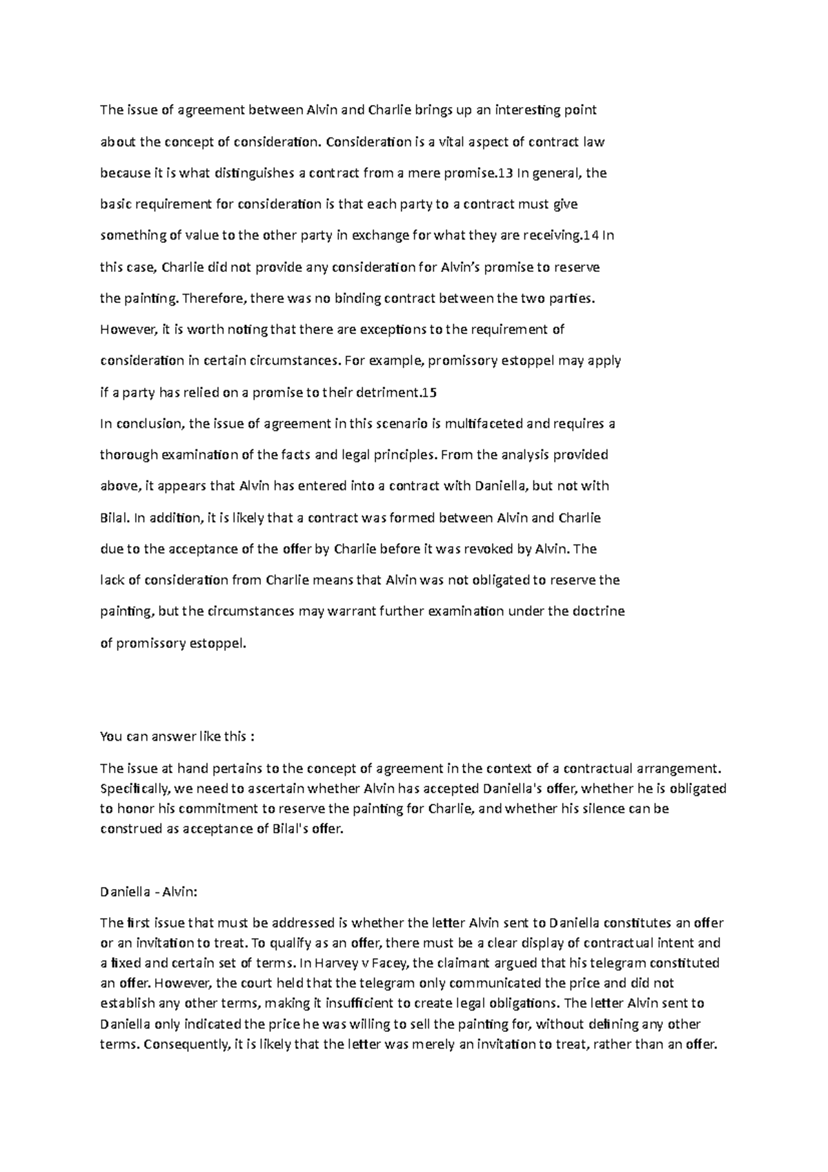 Contract Law - Essay Summary on Consideration & Agreement Issues - Document Preview