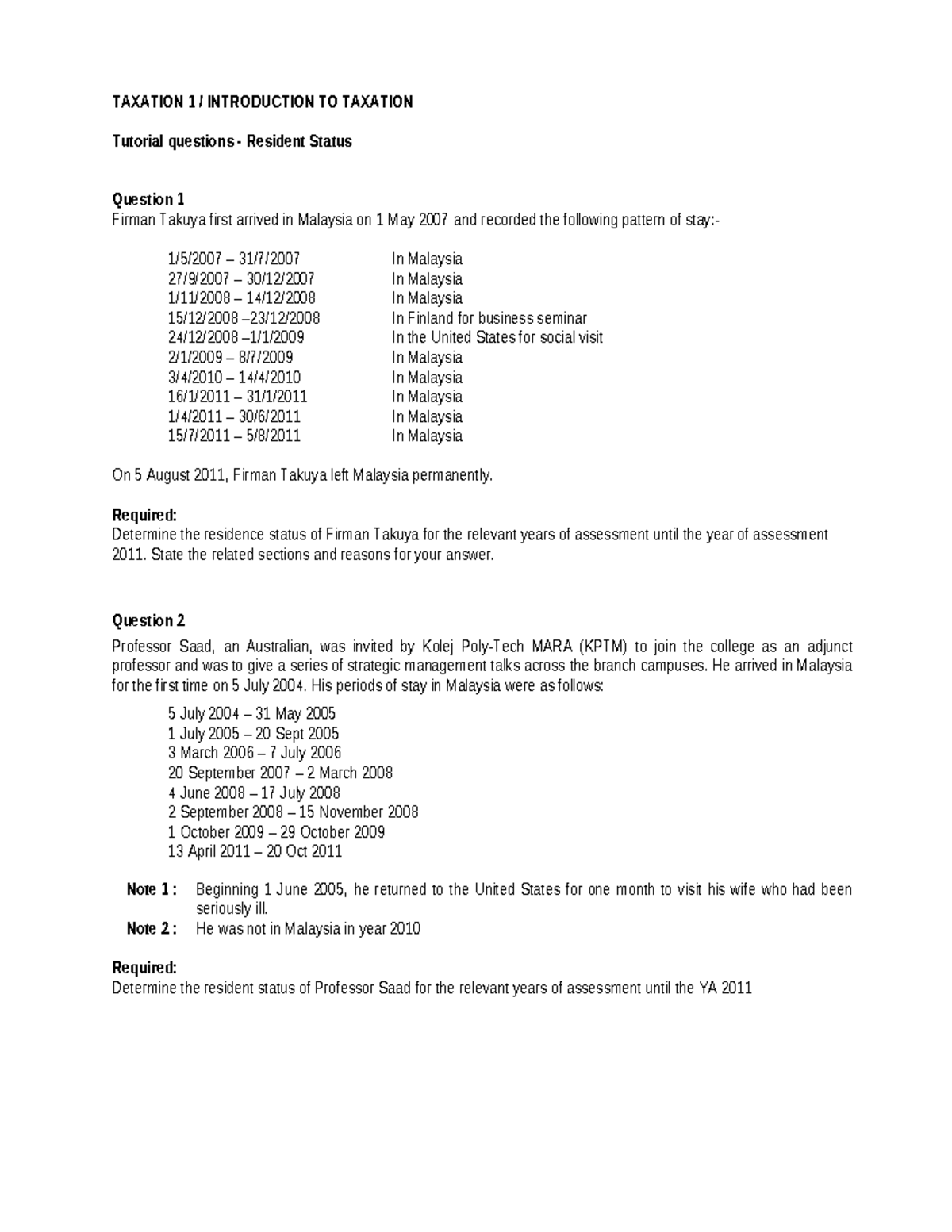 TAXATION 1: Tutorial on Resident Status Determination - Studocu