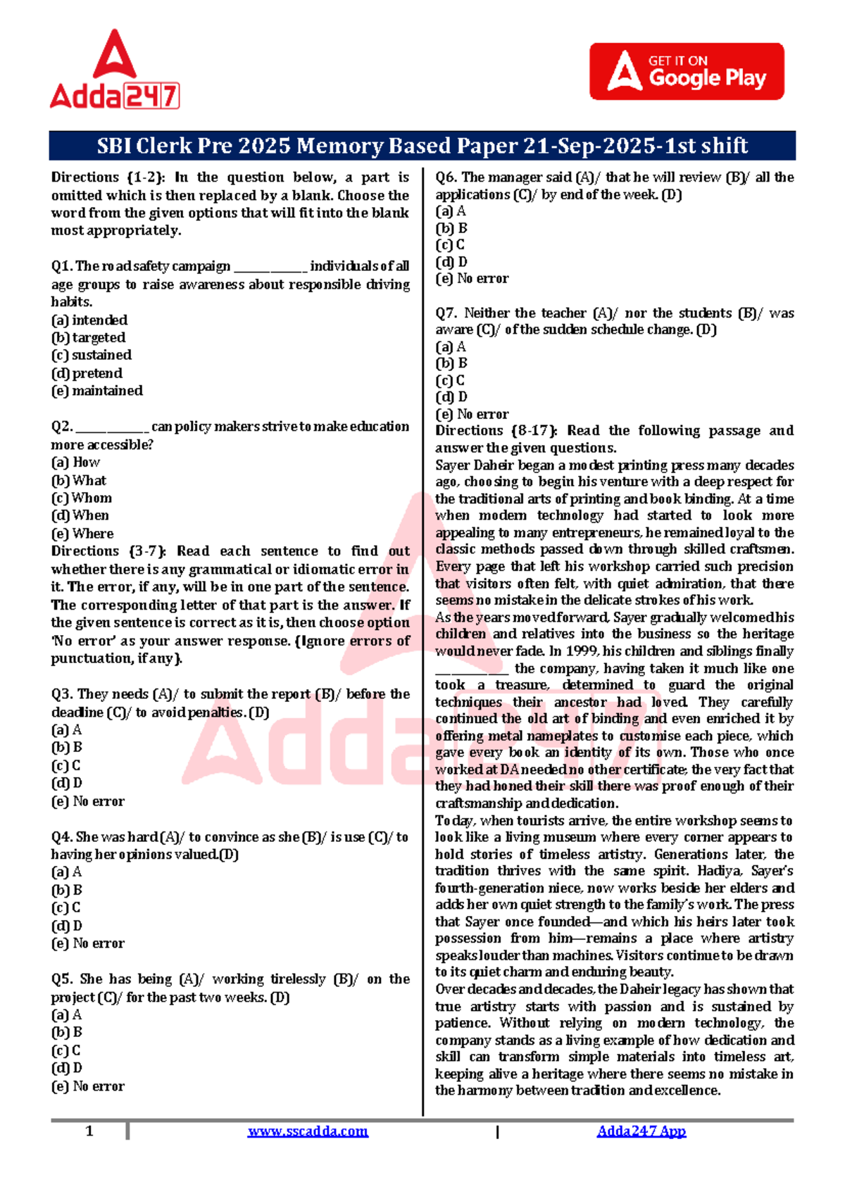 SBI Clerk Pre 2025 Memory Based Paper - 1st Shift Analysis - Studocu