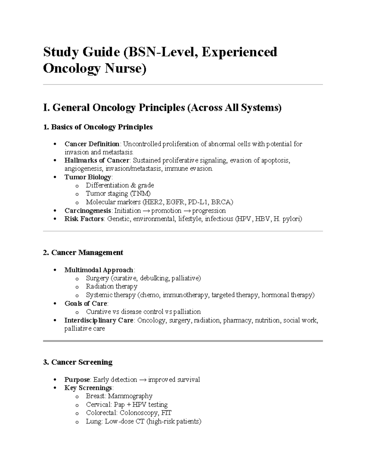 Oncology Nursing Study Guide (Course Code: ONC 101) - Studocu