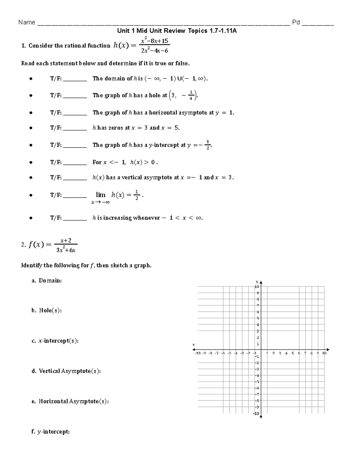 MATH 101 Mid Unit Review: Rational Functions & Asymptotes - Studocu
