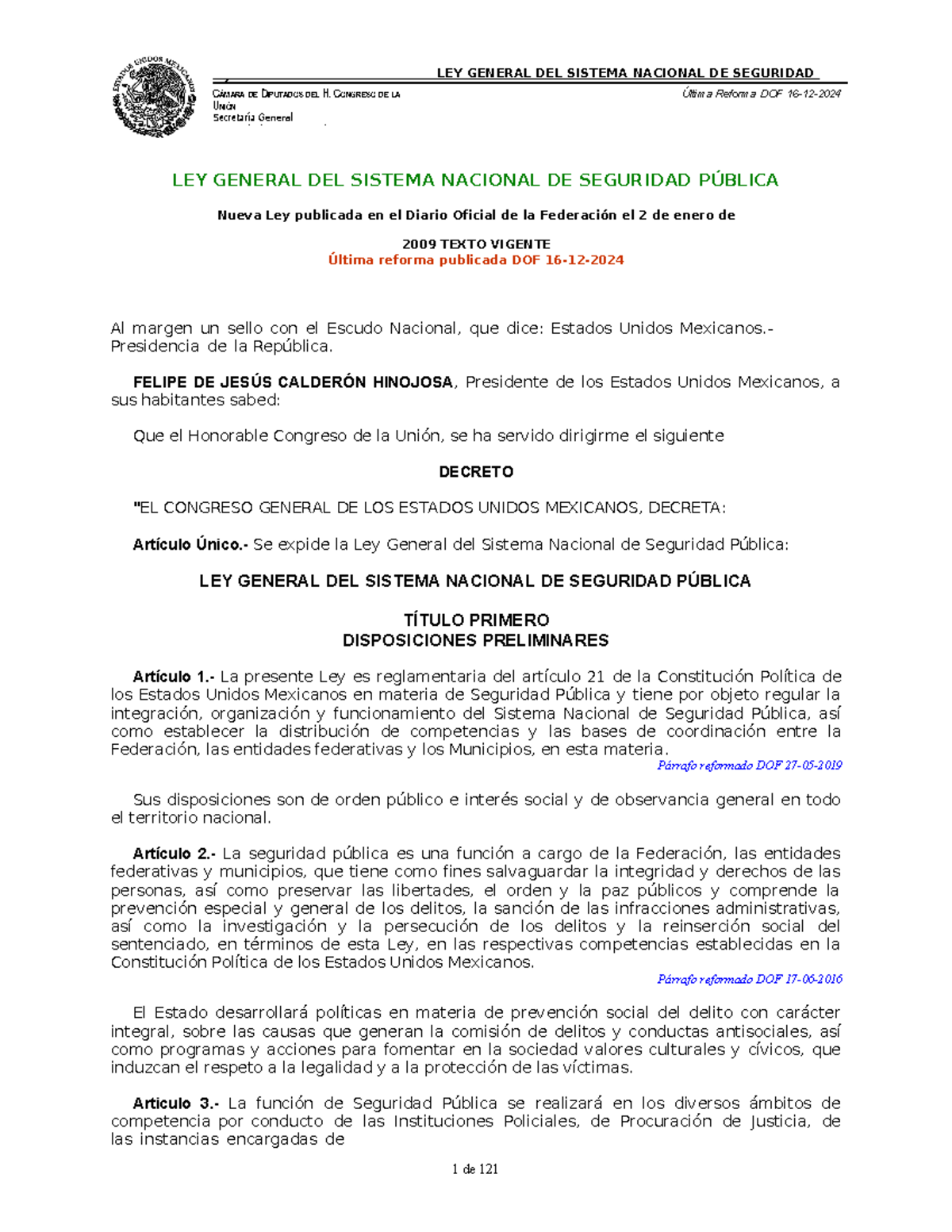 Ley General del Sistema Nacional de Seguridad Pública - LGSNSP - Studocu