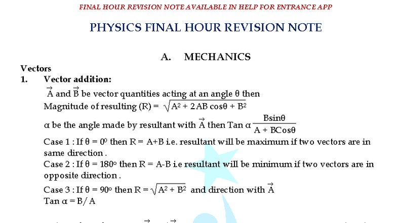 PHYSICS 101: FINAL HOUR REVISION NOTES ON MECHANICS AND MOTION - Studocu