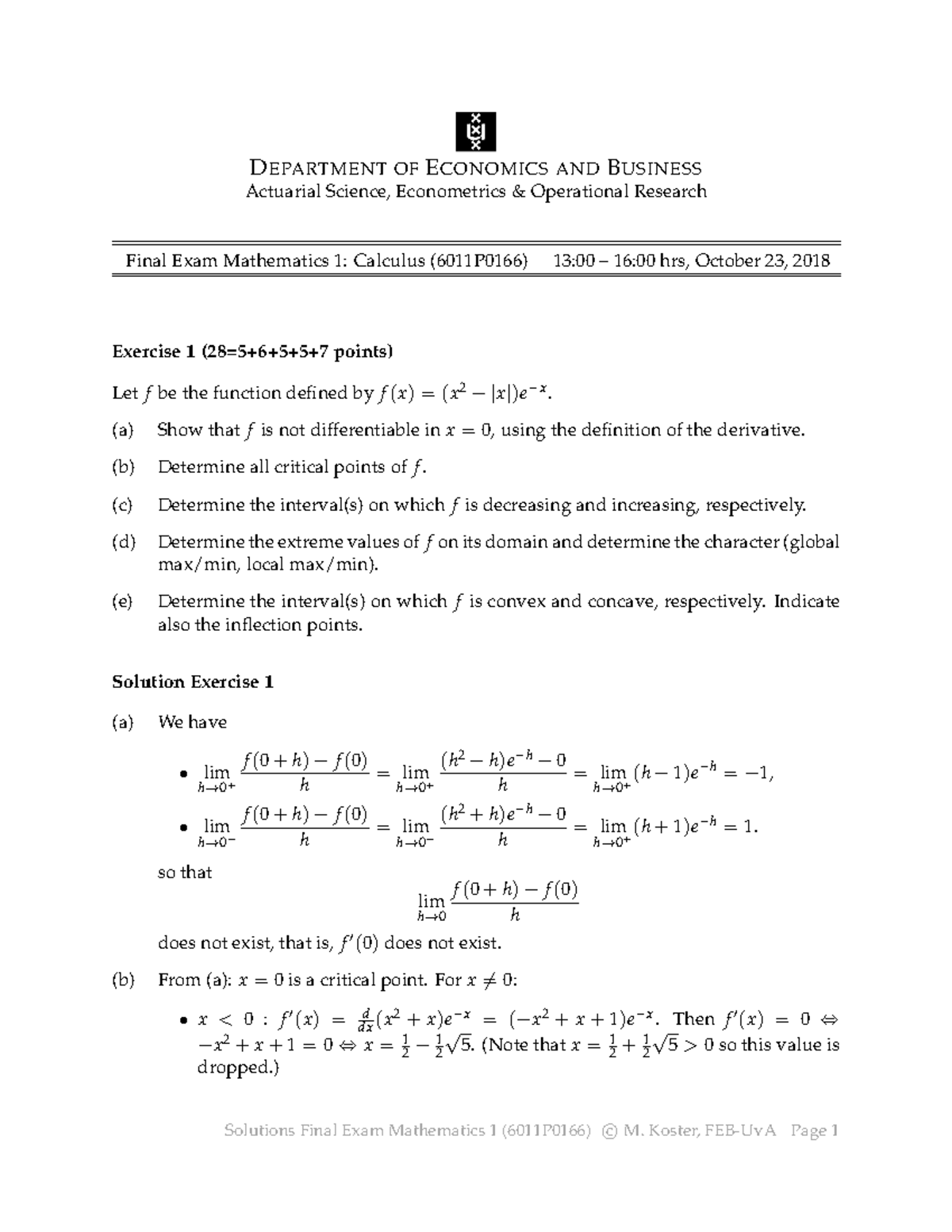 ENG 6011P0166 Final Exam Solutions - Mathematics 1: Calculus Results ...
