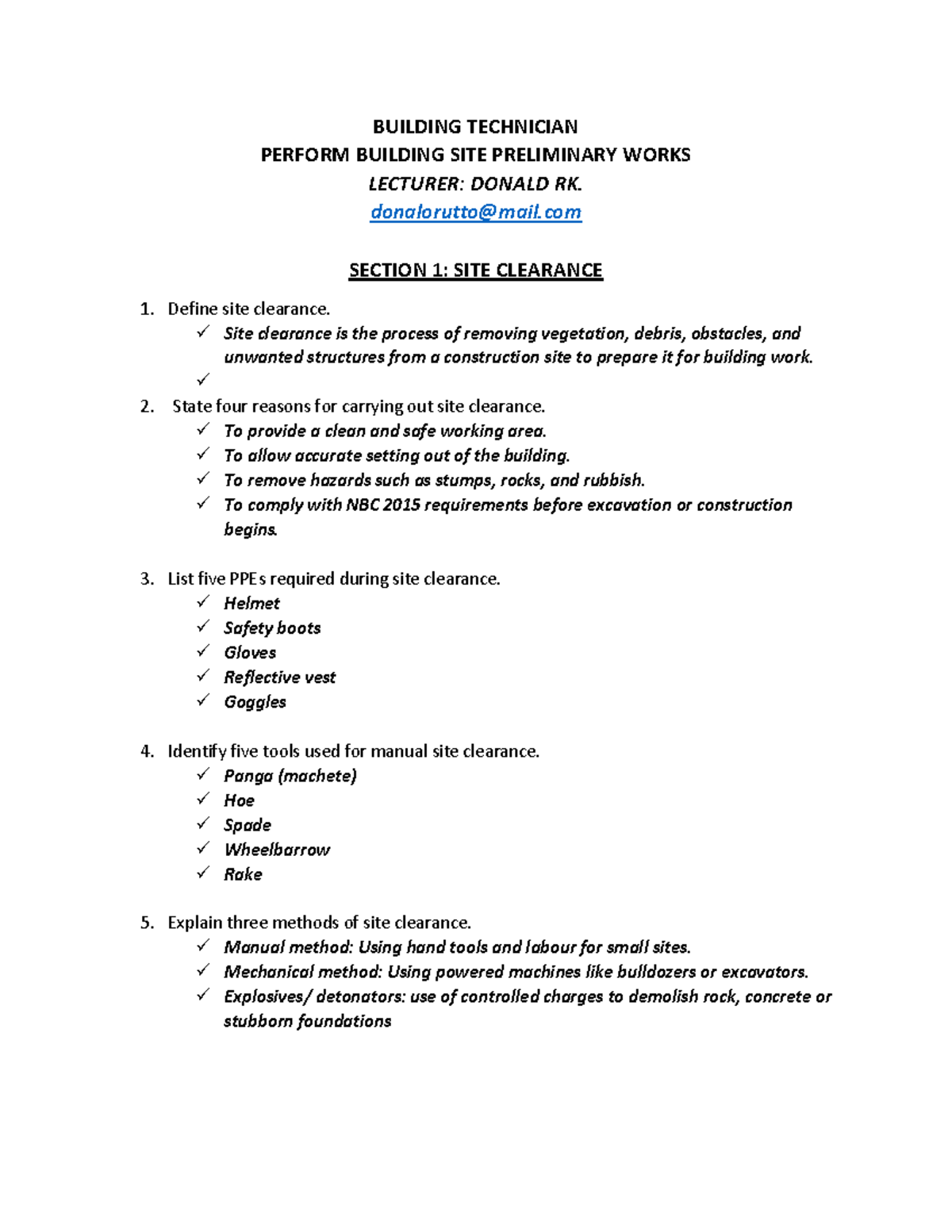 Building Technician Notes: Site Clearance & Amenities (Course Code ...